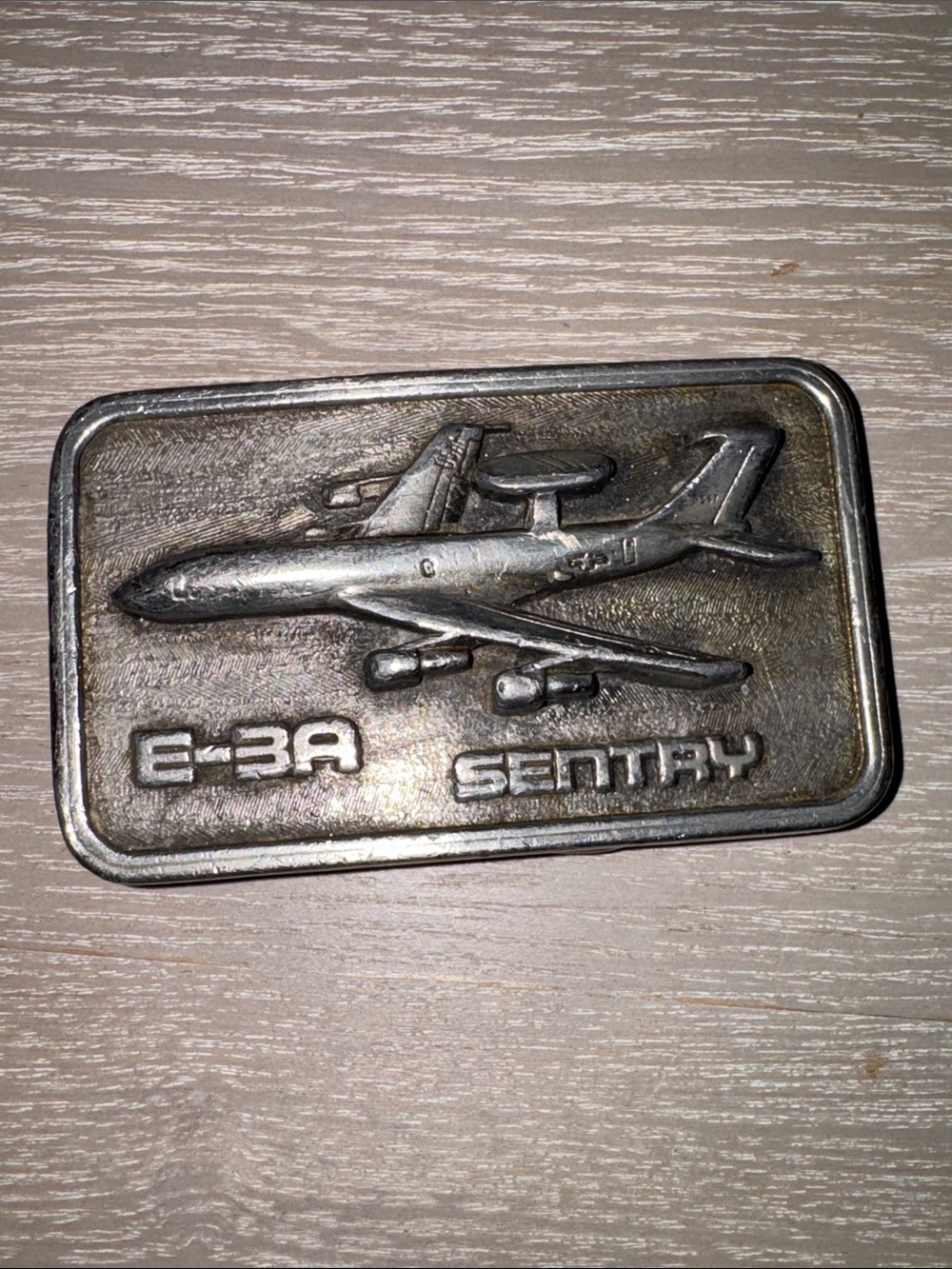 vintage pewter-tone metal belt buckle. Boeing E-3A Sentry